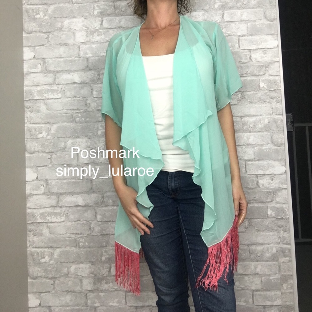 LuLaRoe aqua blue Monroe kimono with tassel fringe